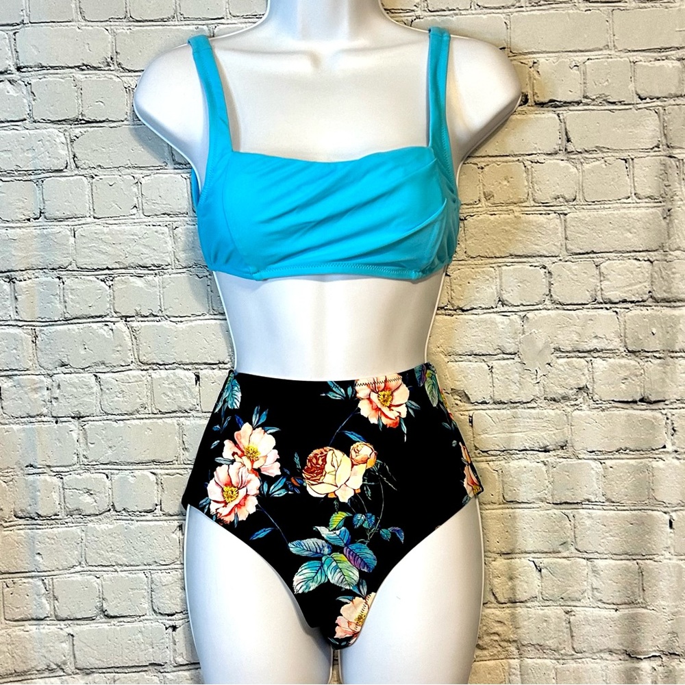 NWT Cupshe Teal and Floral Bikini swimsuit - Small